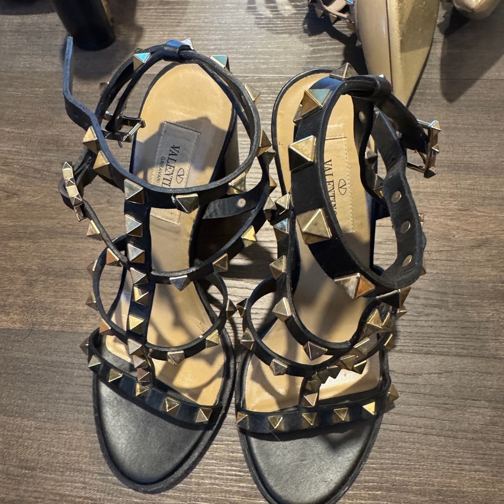 Valentino Black and Gold Studded Sandals
